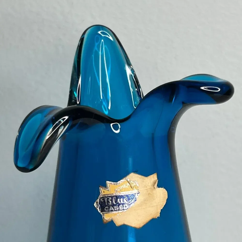 Vintage Capri Blue Case Glass Vase Czech Bohemian Sommerso Hand Blown Art - Picture 9 of 10